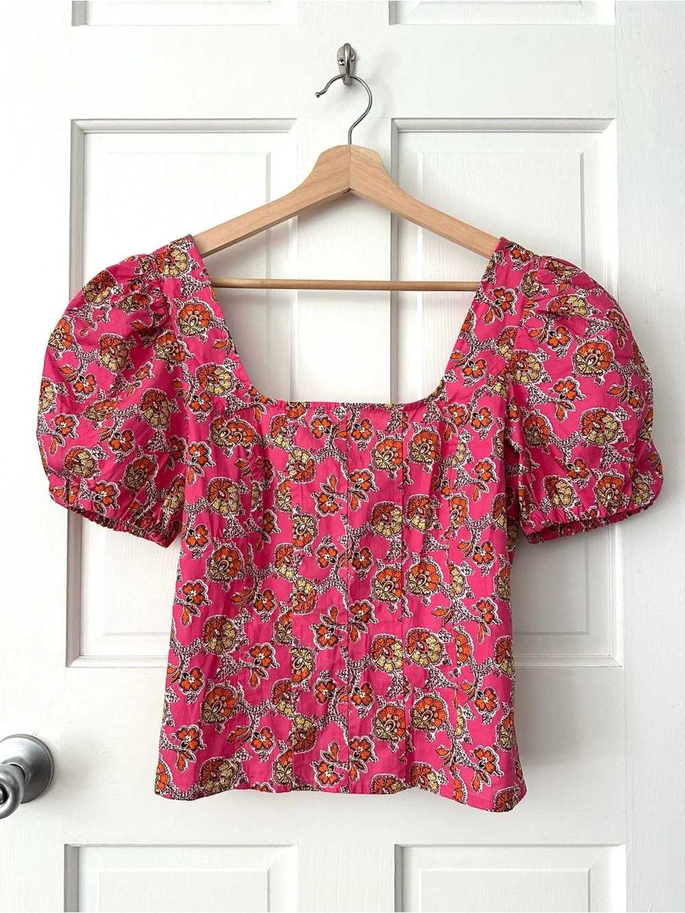 J. CREW Collection Puff-Sleeve Square-neck Top Ratti Pink Cottagecore Size 6